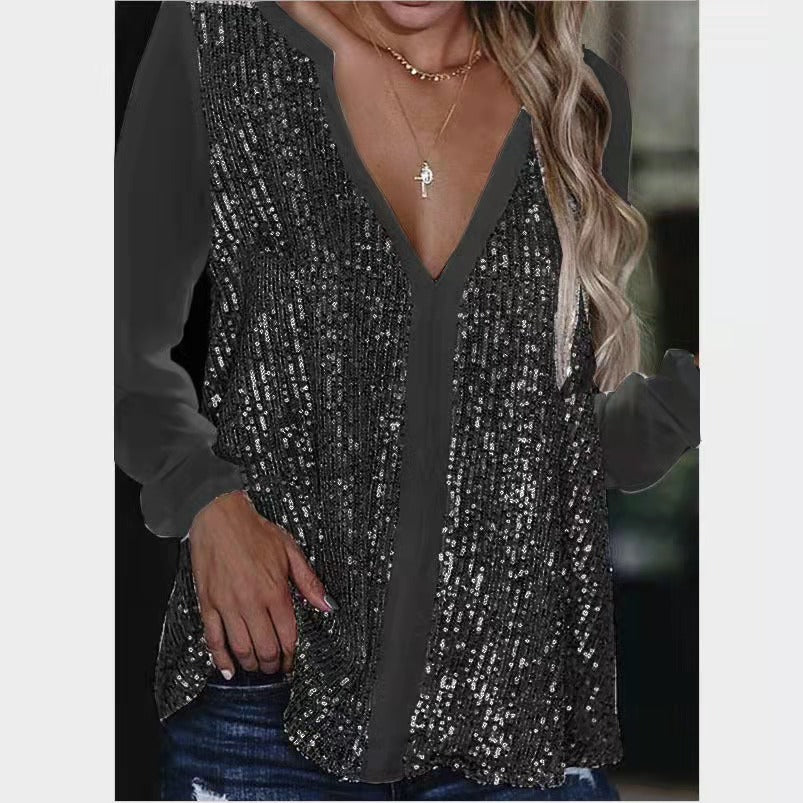 Leisure Sequined Long Sleeves Blouses Shirts for Women