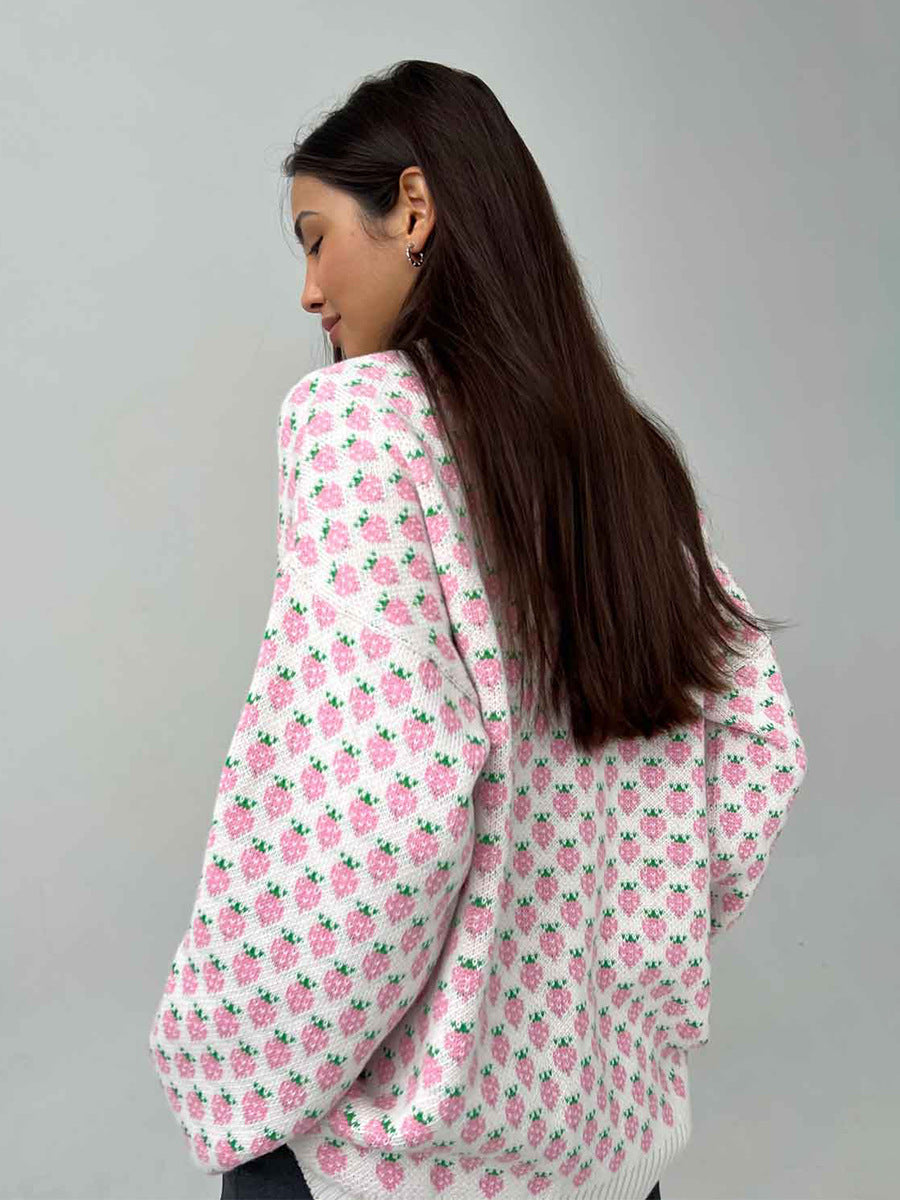 Oversized Strawberry Print Sweater