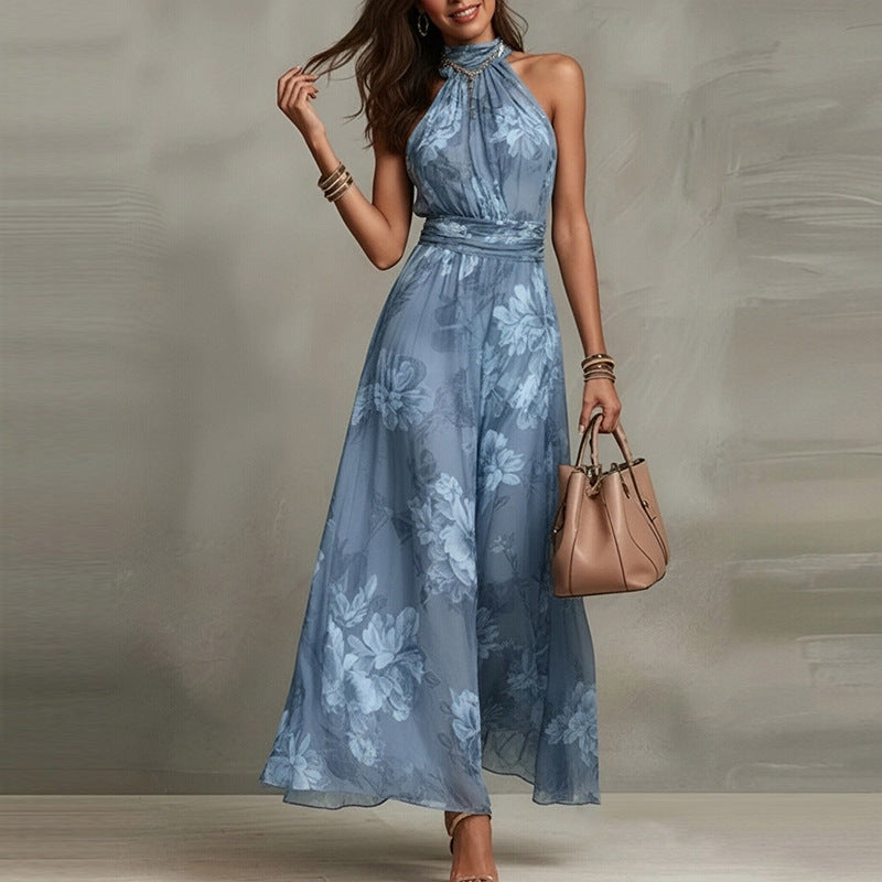 Elegant Halter Neck Sleeveless Print Maxi Dress