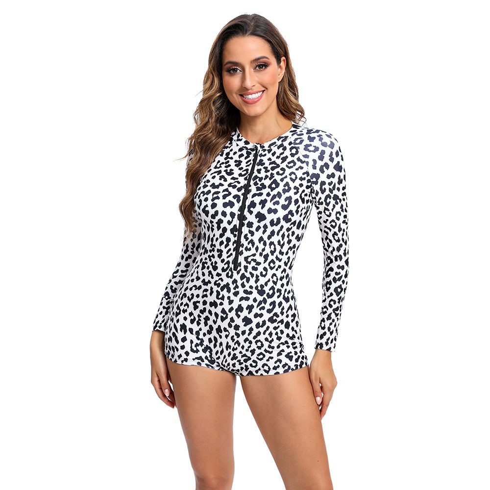 Leopard Print Long Sleeve Zip-Up One-Piece Swimsuit