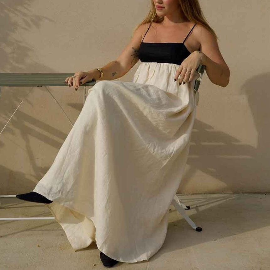 Boho Chic Linen Blend Slip Cotton Dress – Relaxed Summer Maxi Dress with Strappy Detail