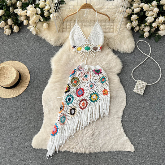 Summer Bohemian Crochet Knitted Strapless Tops & Skirts Women Sets