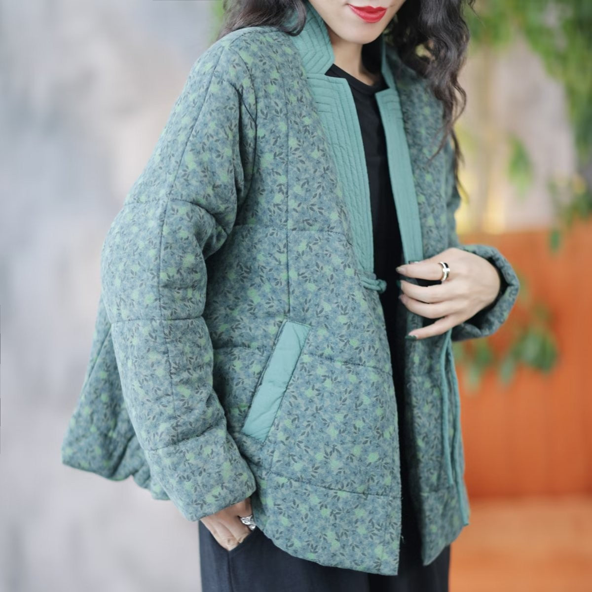 Vintage Floral Print V Neck Warm Coats