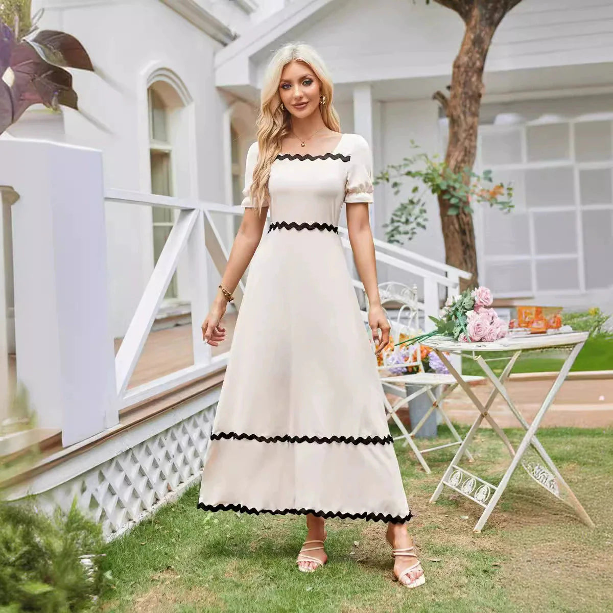 Square Neck Lace Back Shirred Puff Sleeve Dress