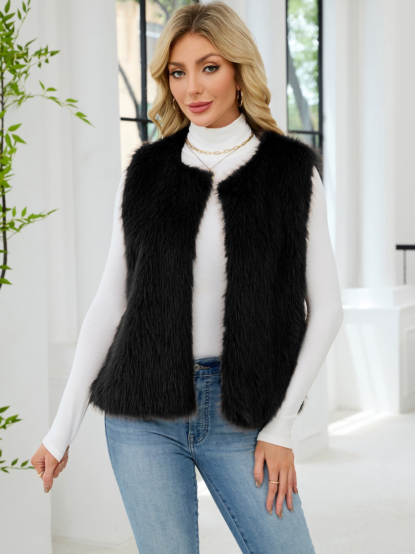 Faux Fur V-Neck Vest Sleeveless Top