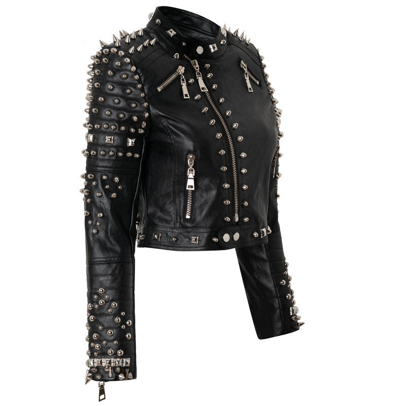 Black Punk Style Rived Short PU Jacket for Women