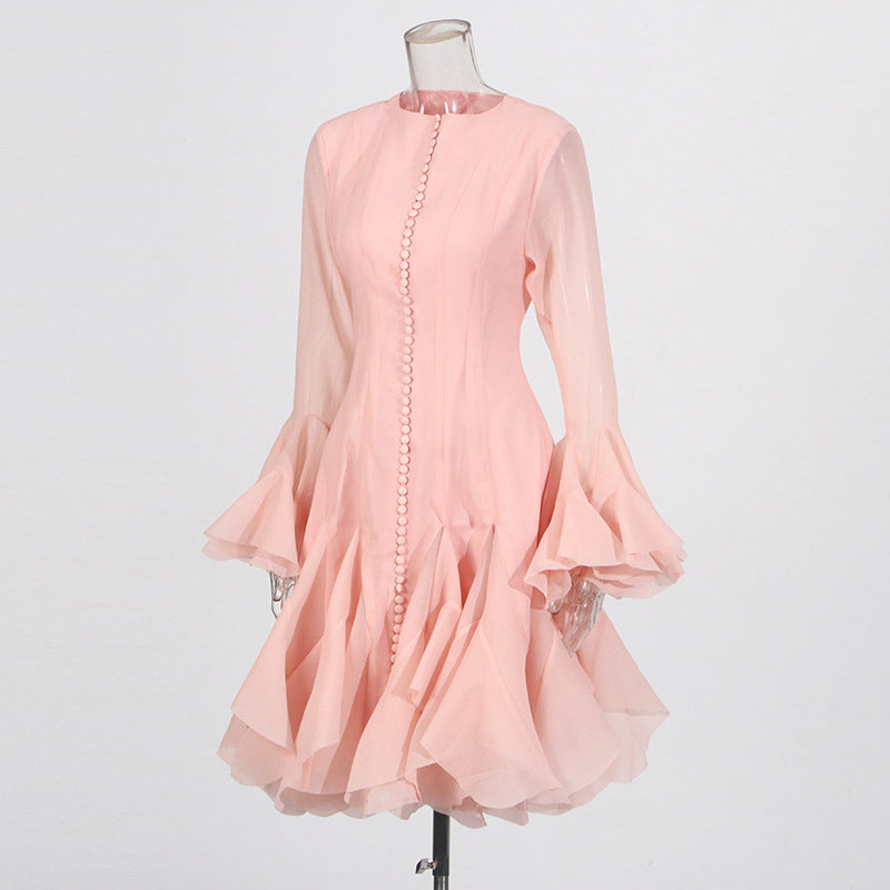 Designed Elegant Round Neck Patchwork Hem Flounce Midi Dress with Bell Sleeves