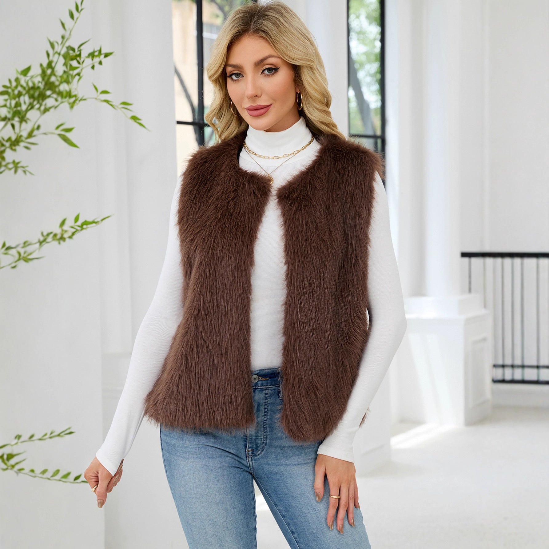 Faux Fur V-Neck Vest Sleeveless Top
