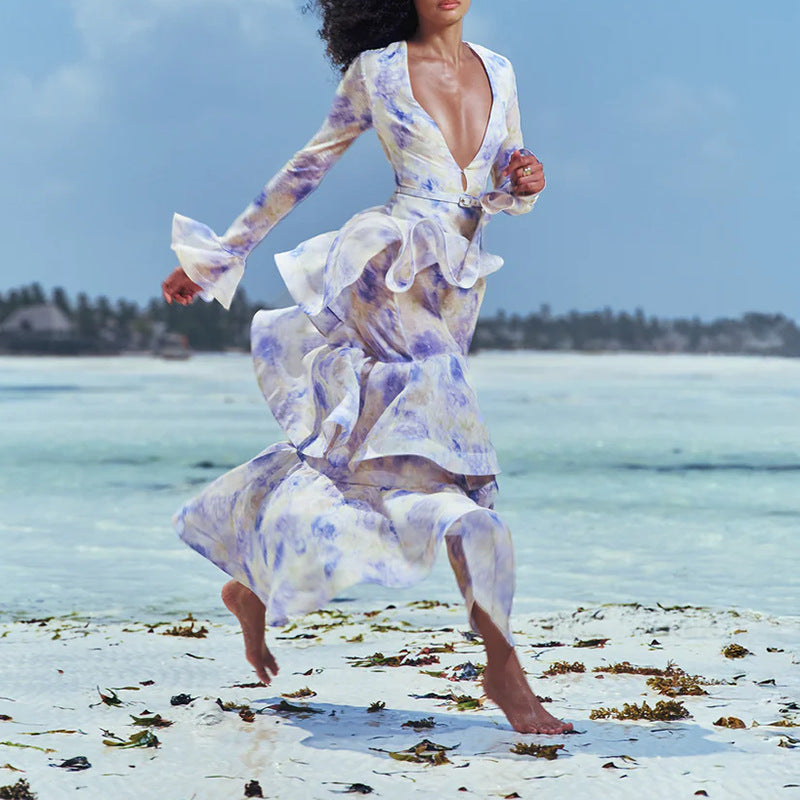 Floral Lace Trim Cake Dress – Summer Deep V-Neck Bell Sleeve Maxi Dress