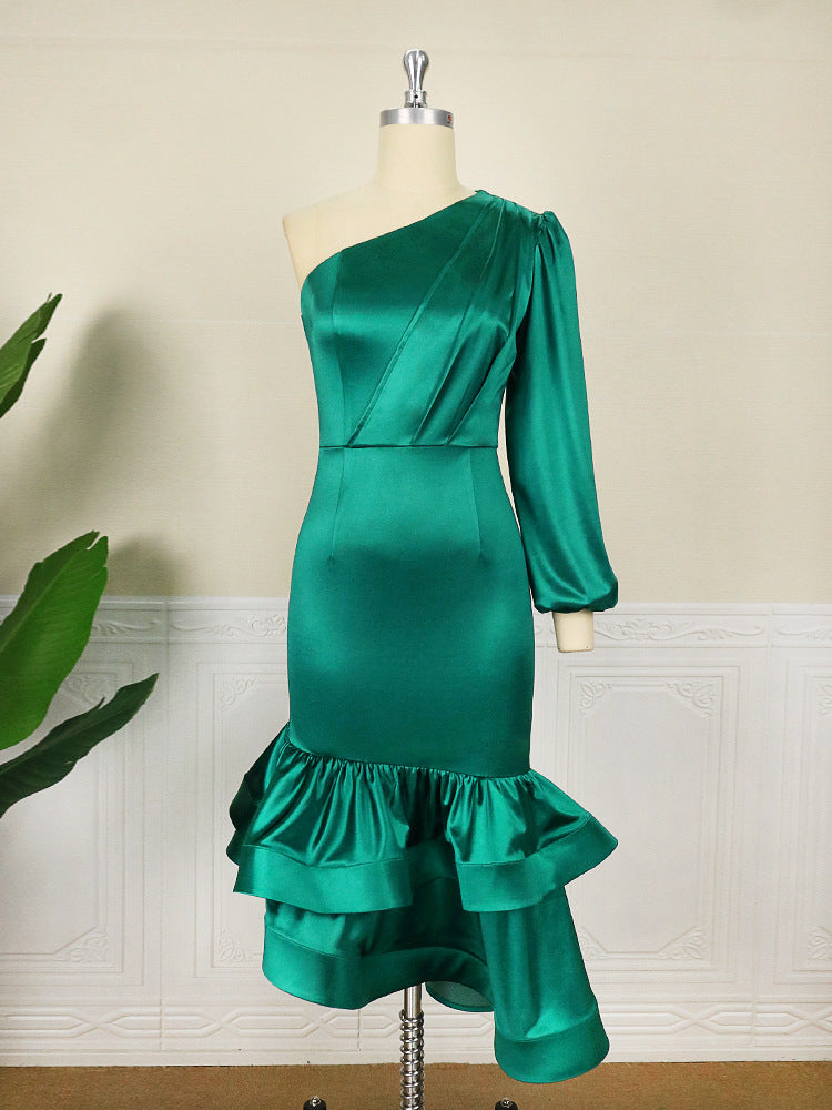 Designed One Shoulder Irregular Green Evening Party Dresses-Dresses-Free Shipping at meselling99