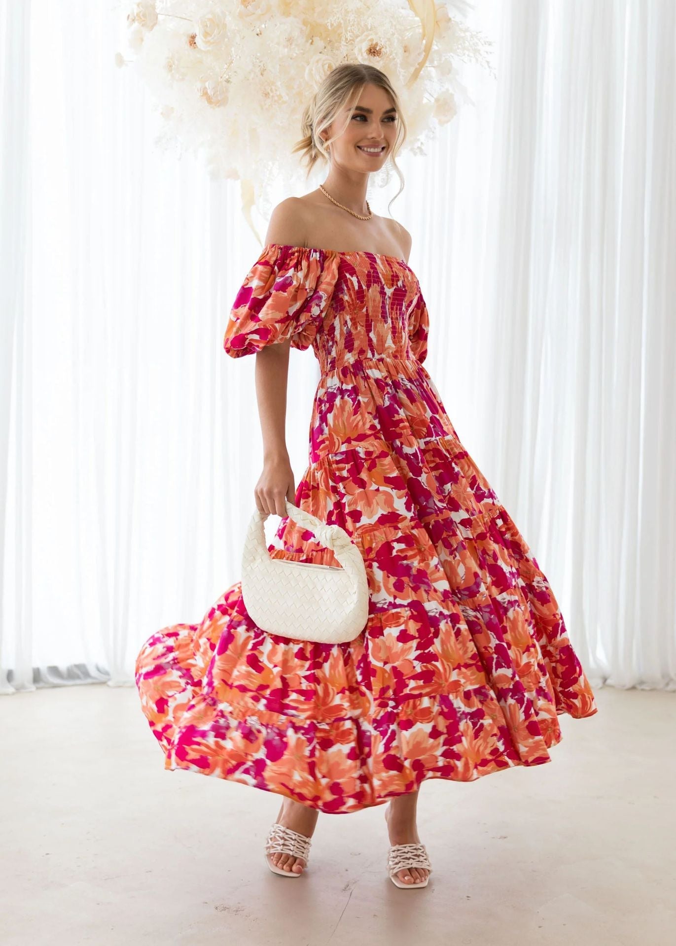 Spring Summer Off-Shoulder Floral Print Puff Sleeve Dress