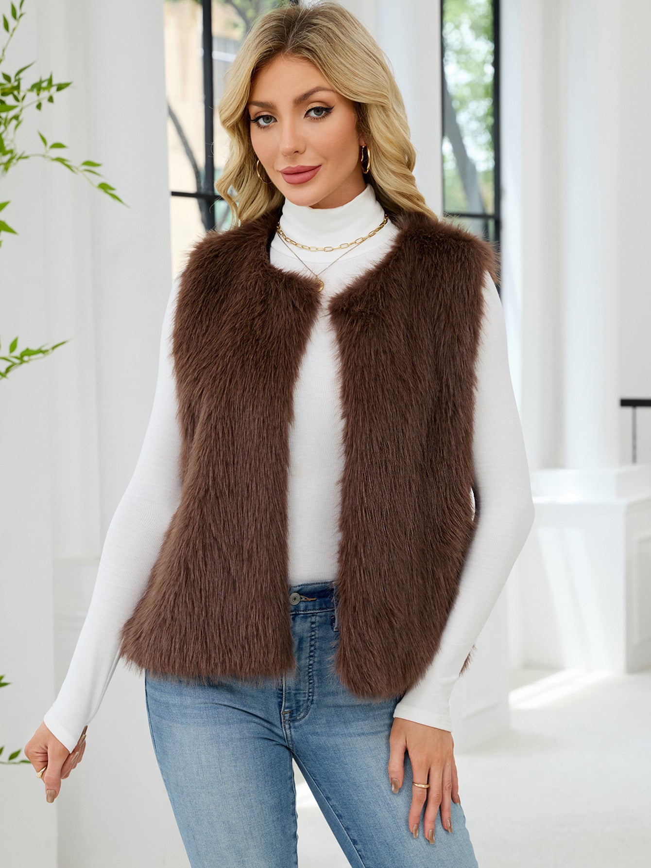 Faux Fur V-Neck Vest Sleeveless Top