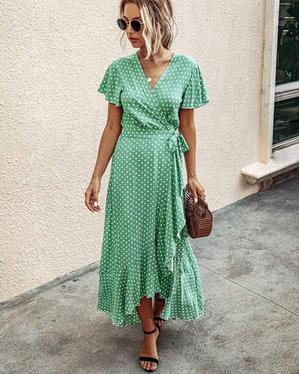 Summer Casual Dot Print Ruffled Short Sleeves Long Dresses