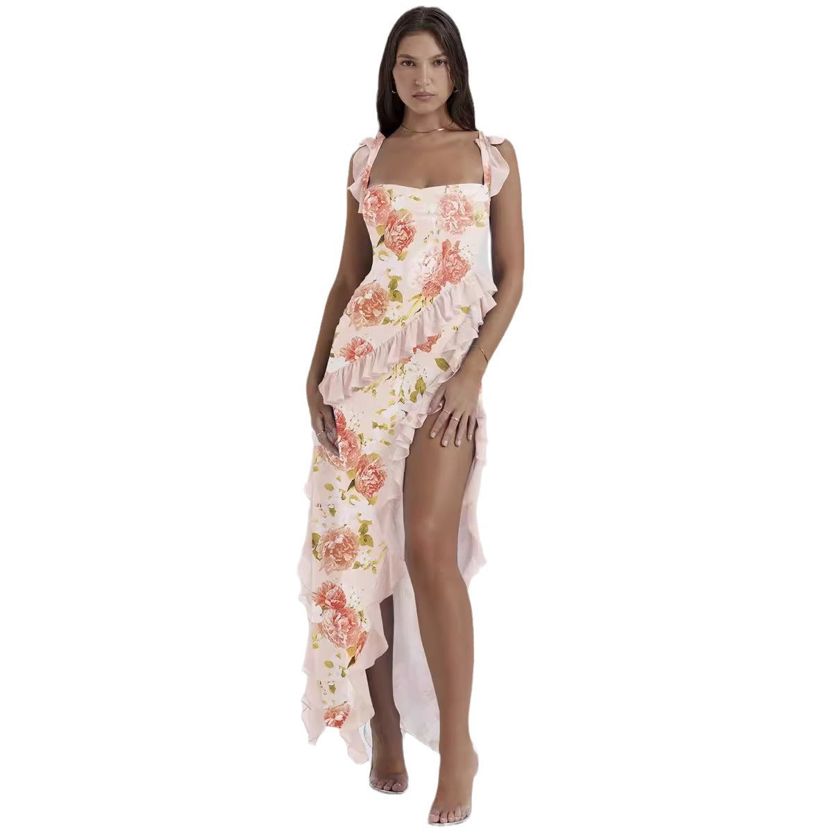 Strappy Ruffle Detail High-Slit Long Dress