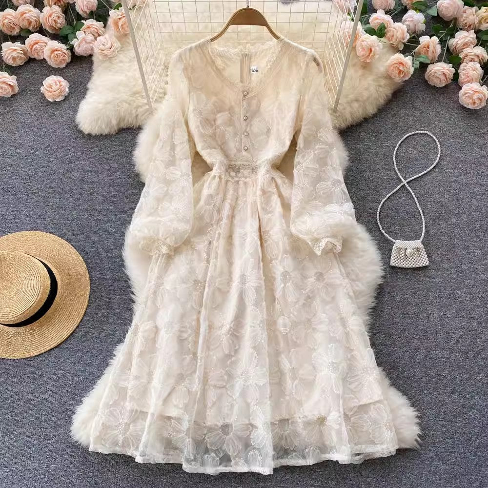 Elegant V-Neck Lace A-Line Midi Dress