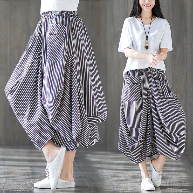 Women's Loose Fit Striped Cotton-Linen Drawstring Waist Lantern Skirt