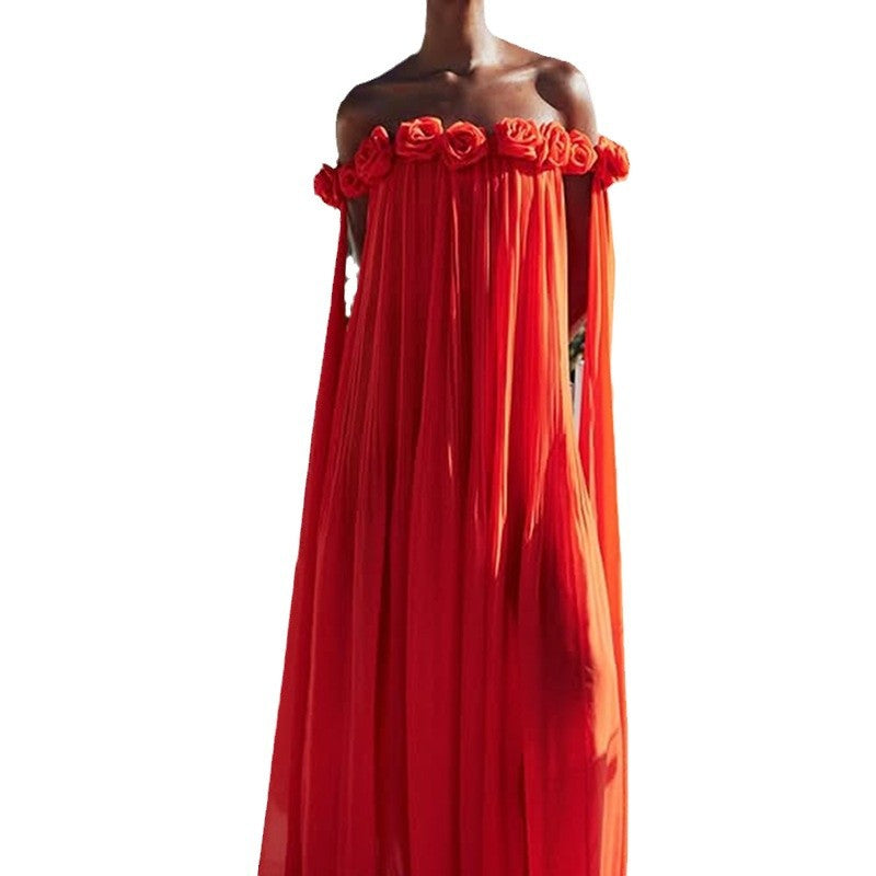 Elegant Off-Shoulder Long Dress with 3D Floral Appliques