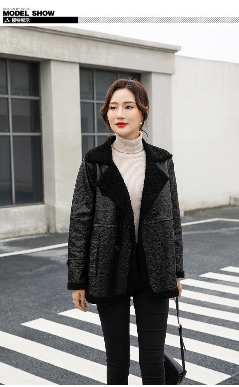 Women's Winter Faux Fur-Trimmed  Plus Sizes Leather Jacket