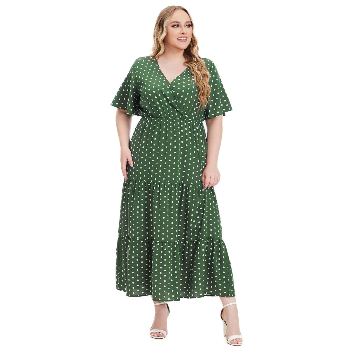 Plus Size Polka Dot V-Neck Swing Dress