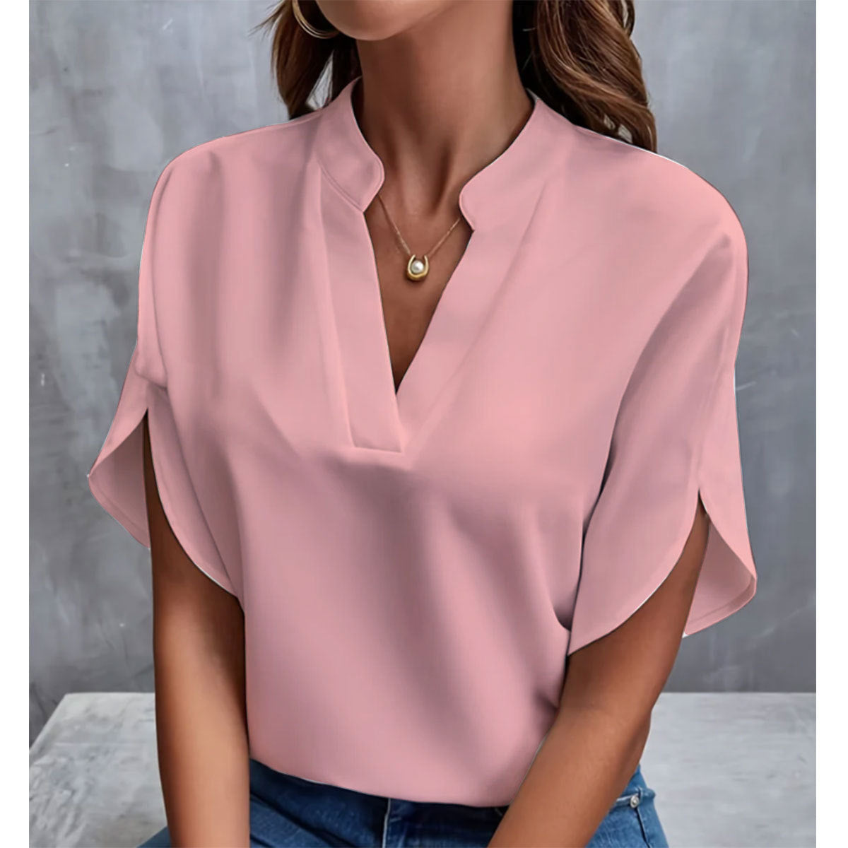 Women's V-Neck Shirt - Solid Color Casual Short Sleeve T-Shirt-pink-S-Free Shipping Leatheretro