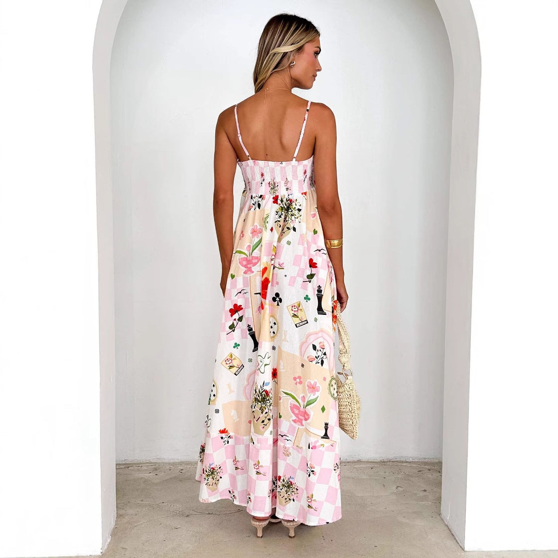 Women's Summer Fashion Print Backless Halter High-Waisted Flowy Dress