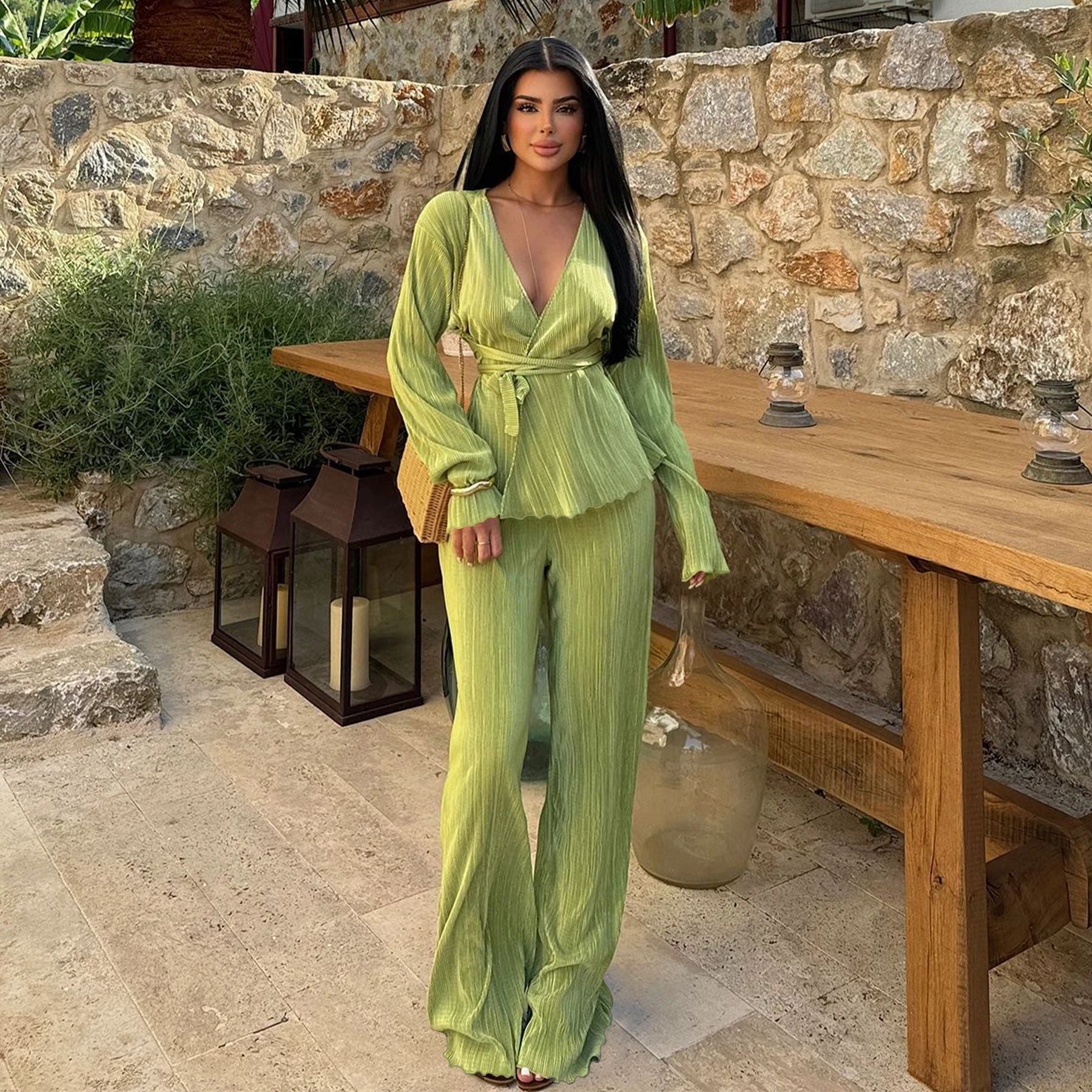 Casual V Neck Long Sleeves Tops and Pants Two Pieces Suits