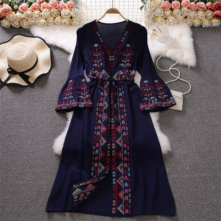 Bohemian Summer V Neck Long Vacation Dresses