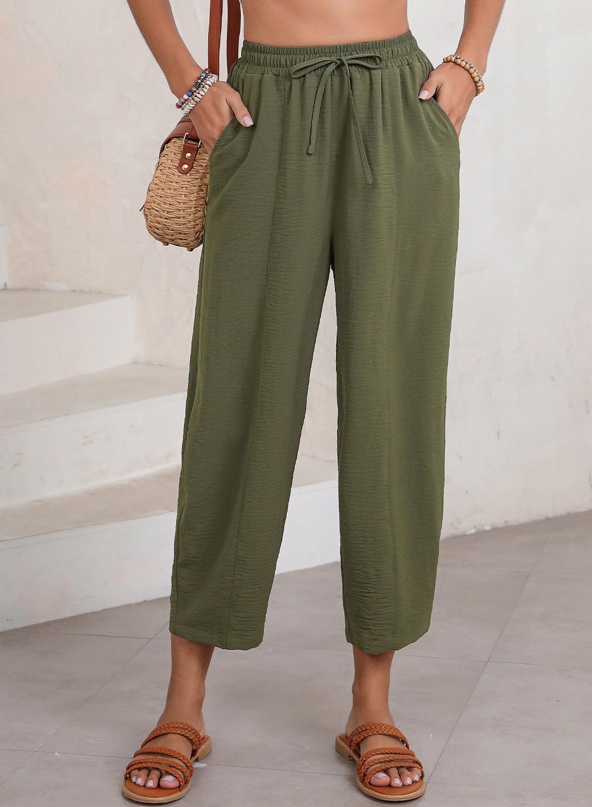 Women's Summer High-Waisted Loose Vacation Drawstring Casual Cropped Pants with Side Pockets