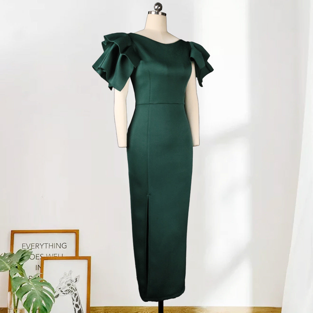Sexy Ruffled Short Sleeves Women Green Evening Party Dresses-Dresses-Free Shipping at meselling99