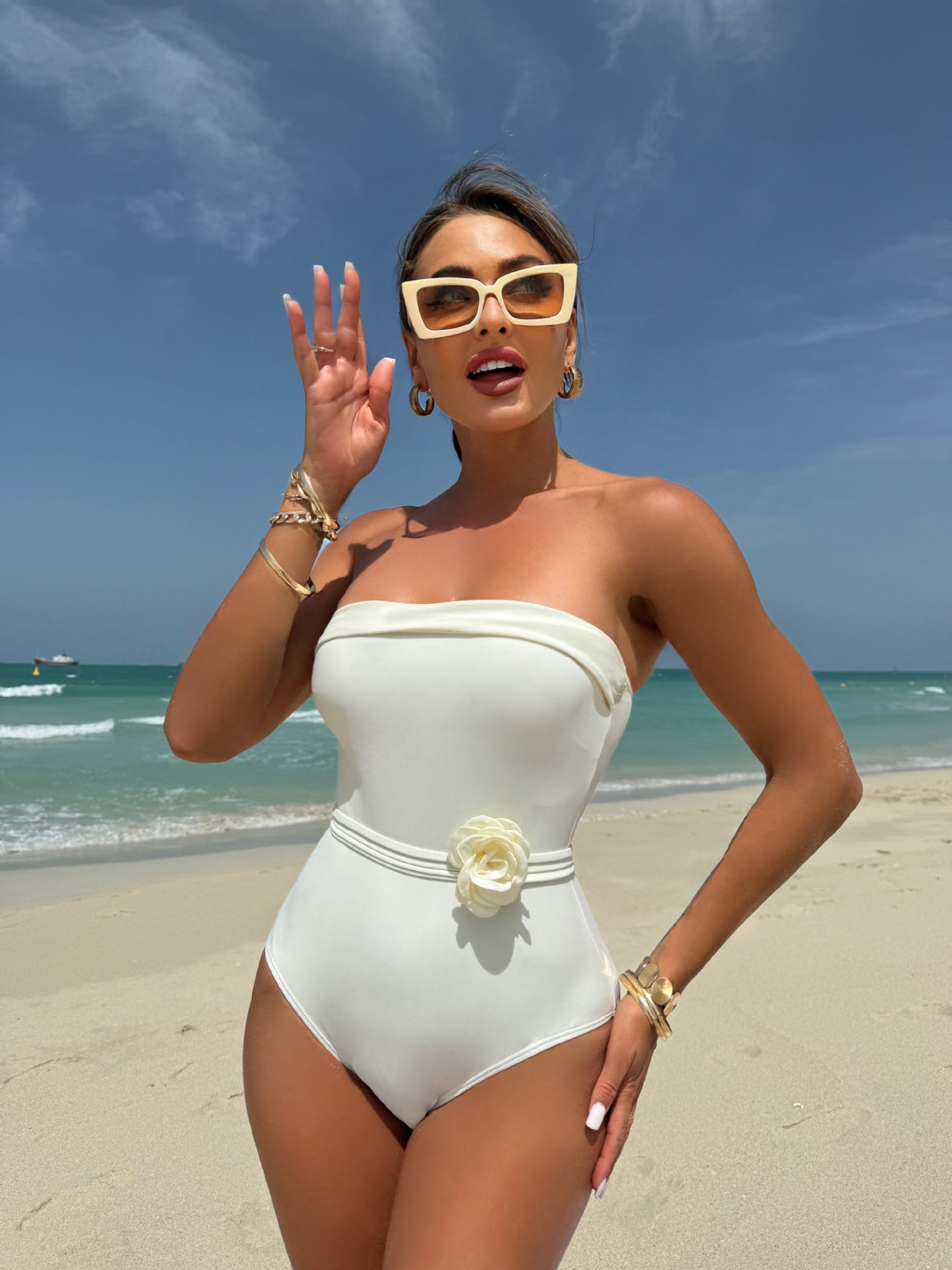 Olympia Smocked Strapless One Piece - White