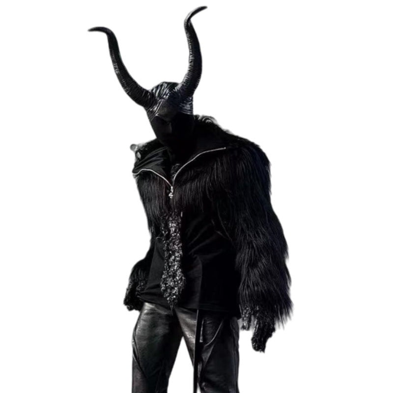 Halloween Dark Fantasy Horned Headpiece & Cropped Faux Fur Jacket Set