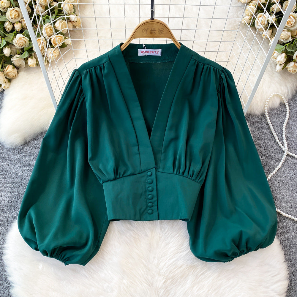 Women's Fashion V-Neck Lantern Sleeve Crop Top