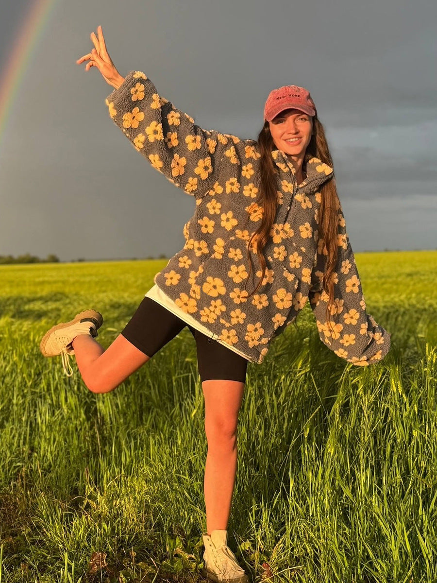 Women's Floral Print Sherpa Hoodie