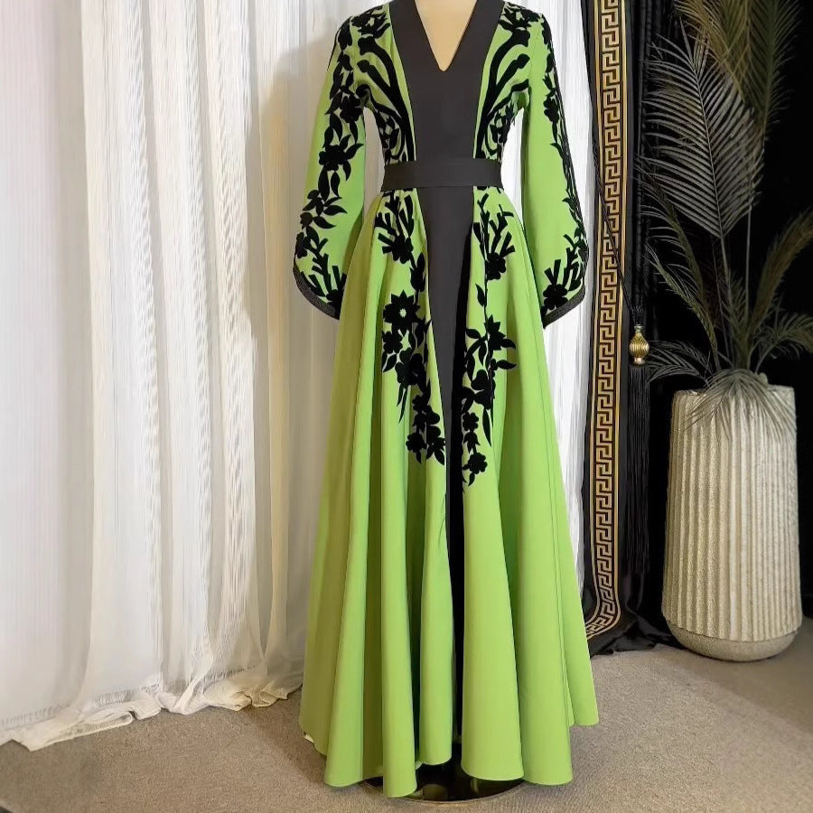 Floral Print Wrap Waist A-Line Flared Sleeve V-Neck Maxi Dress