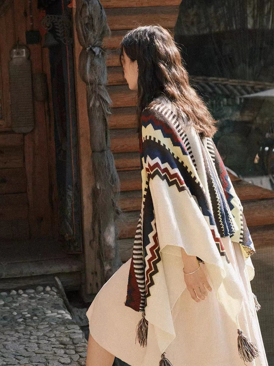 Bohemian Tassel Knit Cape – Free-Spirited & Stylish