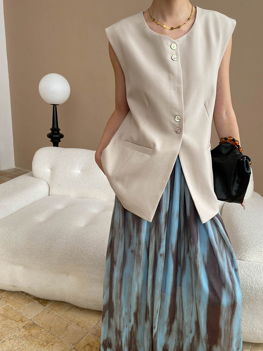 High-Waisted Long Hemline Skirt with Watercolor-Ink Drape