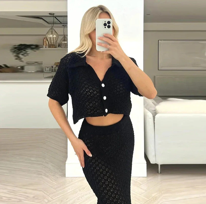 Women's Knit Crochet Lace-Up Cardigan & Skirt Set