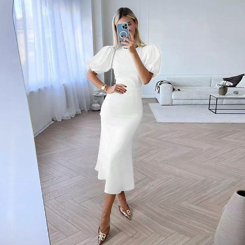 Elegant Round Neck High Waist Midi Dresses
