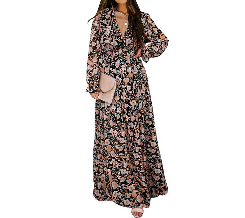 Elegant Long Sleeve Printed Maxi Evening Dress