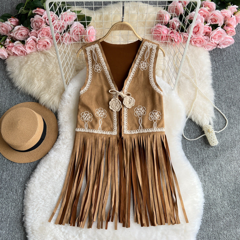 Bohemian Vintage Vest – Embroidered Floral Long Fringe Open Front Cardigan