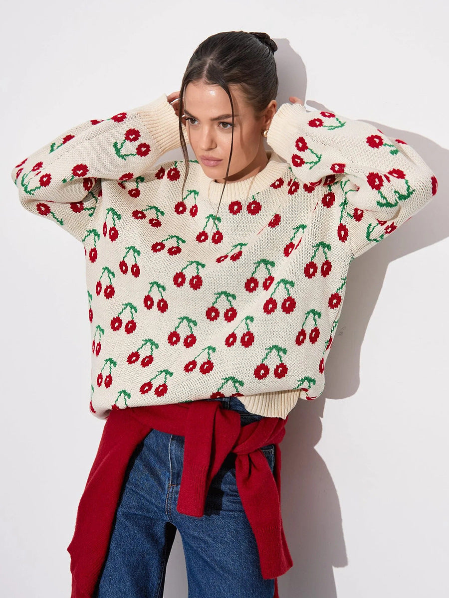 Sweet Cherry Print Sweater - Loose Knit Oversized Pullover