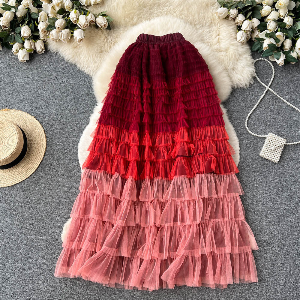 Women's Mid-Length Gradient Mesh A-Line Cake Skirt