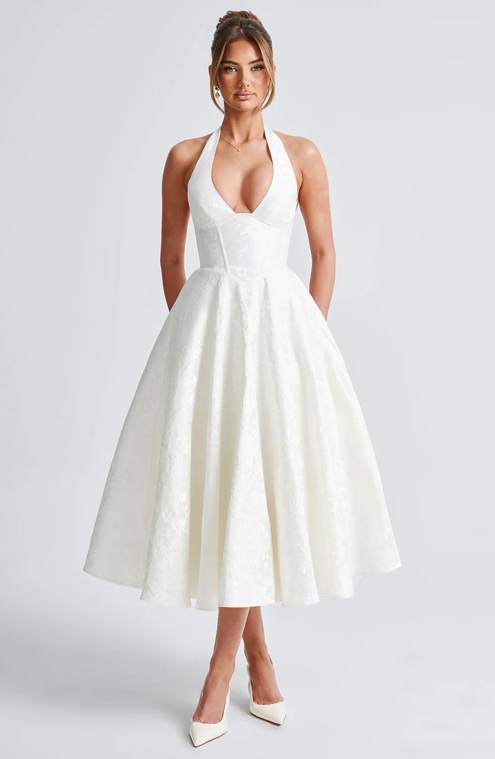 Backless Halter Jacquard Midi Dress