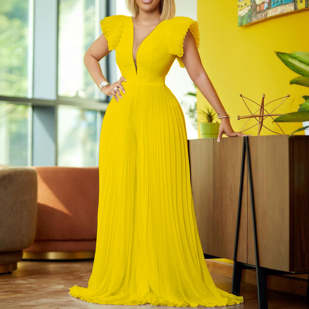 Sexy Deep V Neck Women Long Jumpsuits-Suits-Yellow-S-Free Shipping at meselling99