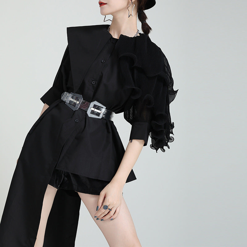 Summer Asymmetrical Bubble Sleeve Shirt Dress with Peplum Waist & Patchwork Design
