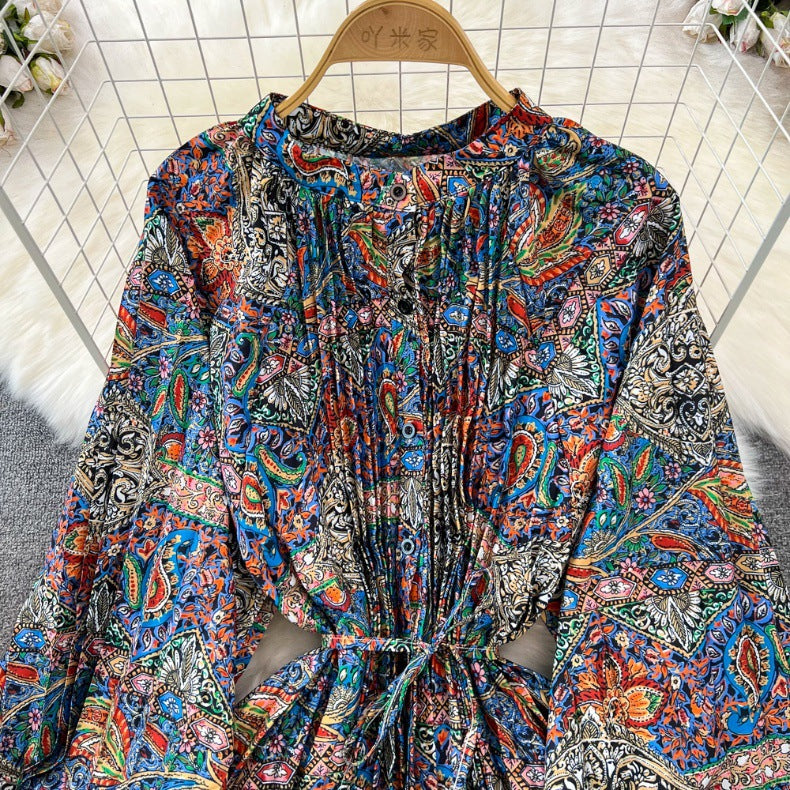 Retro Palace Style Lantern Sleeve Round Neck A-Line Floral Print Button-Down Waist Dress