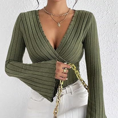 Fashion V Neck Knitted Long Sleeves T Shirts