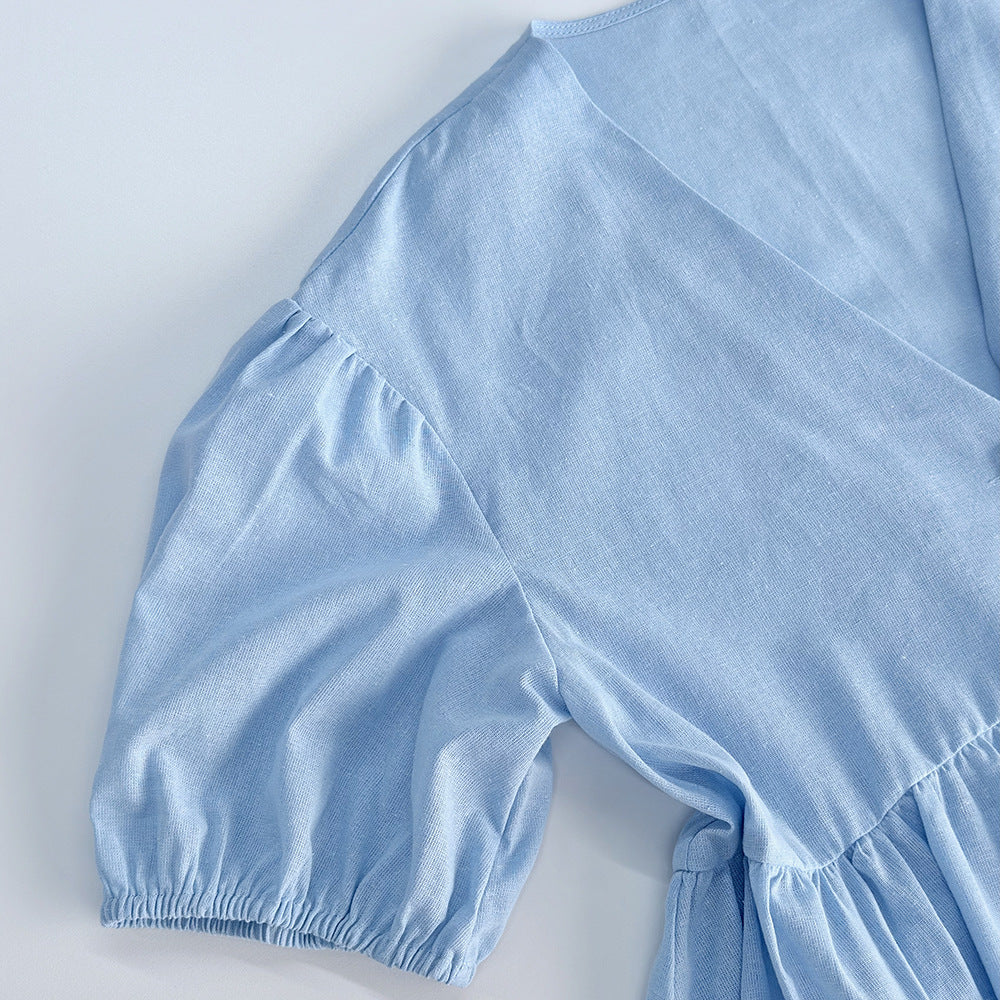 Sweet Solid Color Cotton Set - V-Neck Top & Bubble Sleeve Shorts 2-Piece Outfit