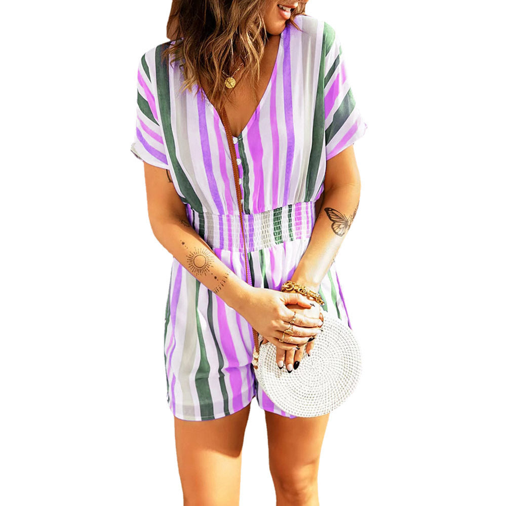 Summer Casual Striped Elastic Waist Romper Jumpsuits