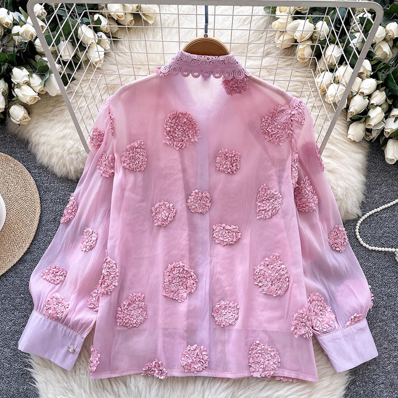 Beaded 3D Floral Mesh Shirt